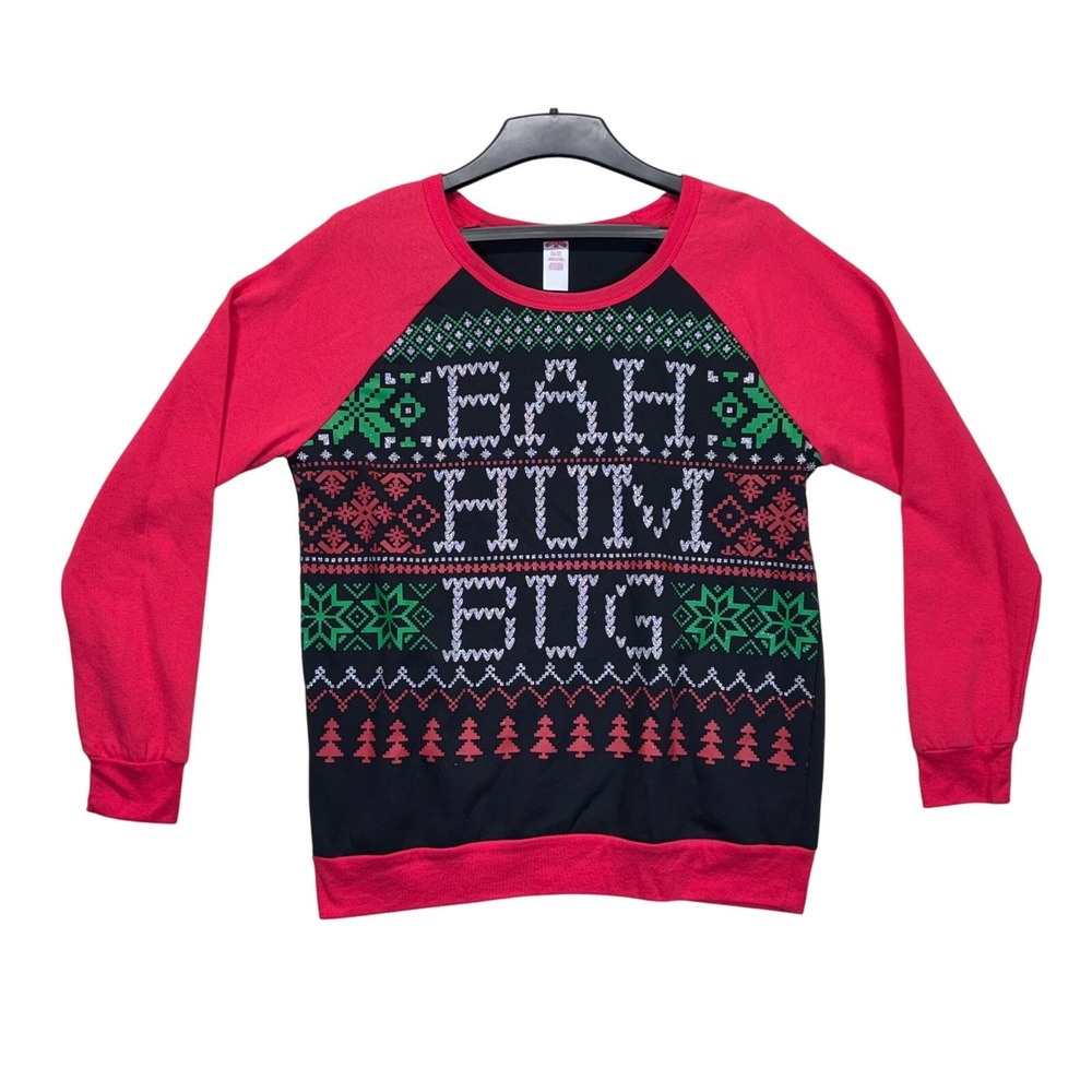 Holiday Time Bah‎ Hum Bug Ugly Christmas Sweatshirt Red Black Fair Isle XL 15-17